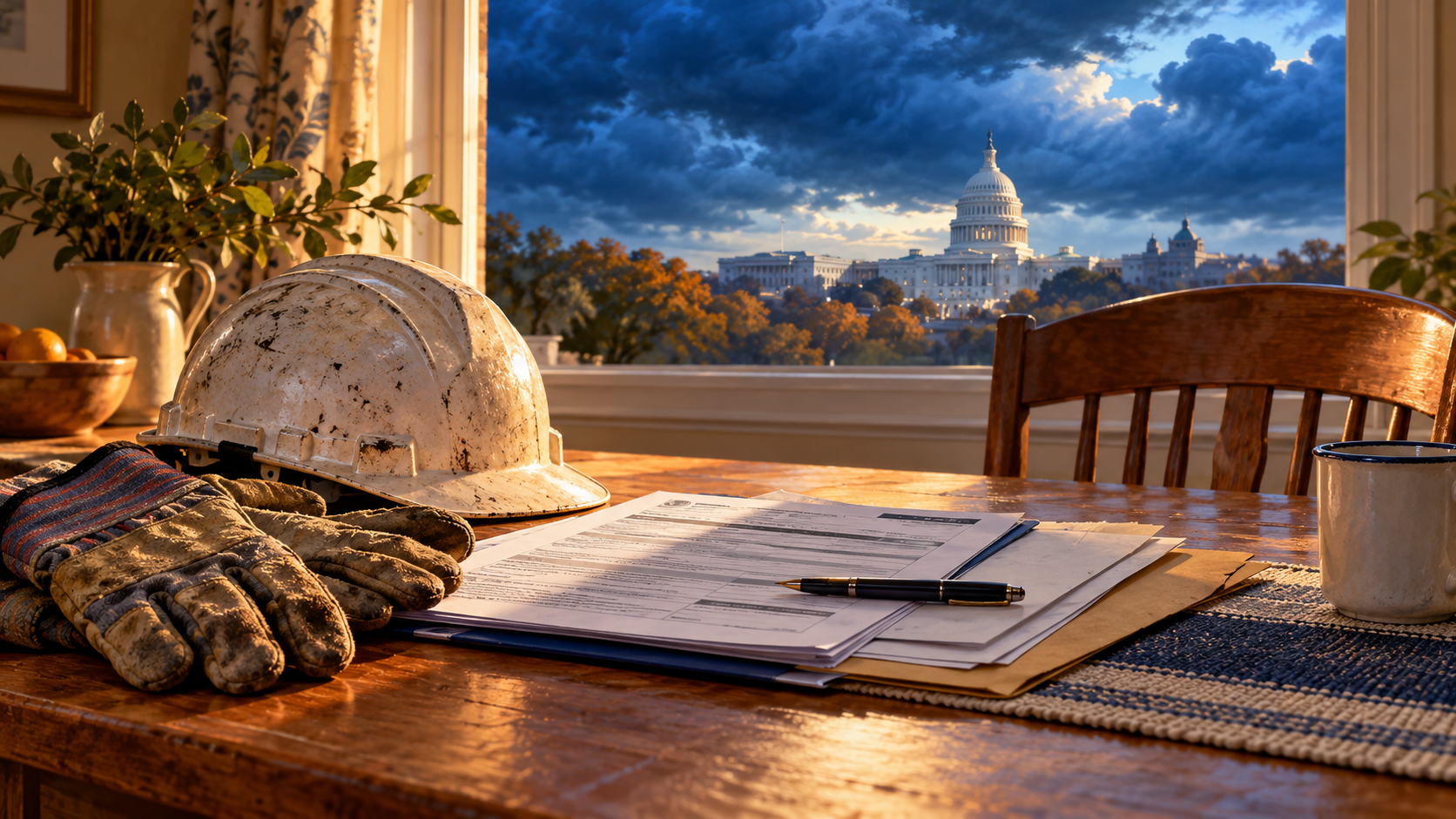 Illustration of work gloves, a hard hat and family paperwork on a kitchen table, with the Capitol beyond a window